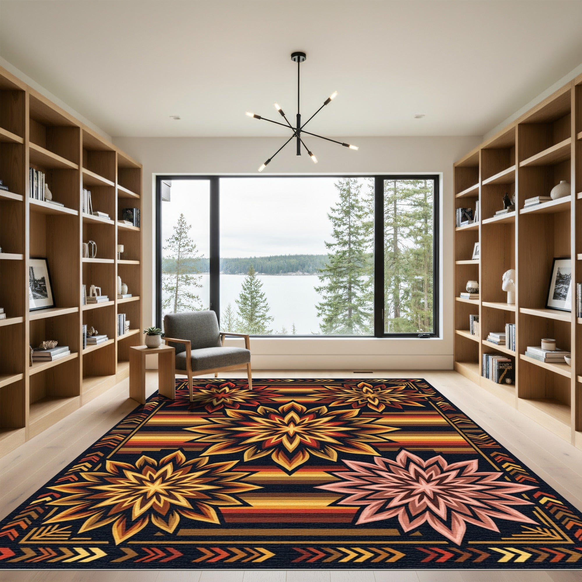 Warm Earthy Sunburst Geometric Medallion Rug