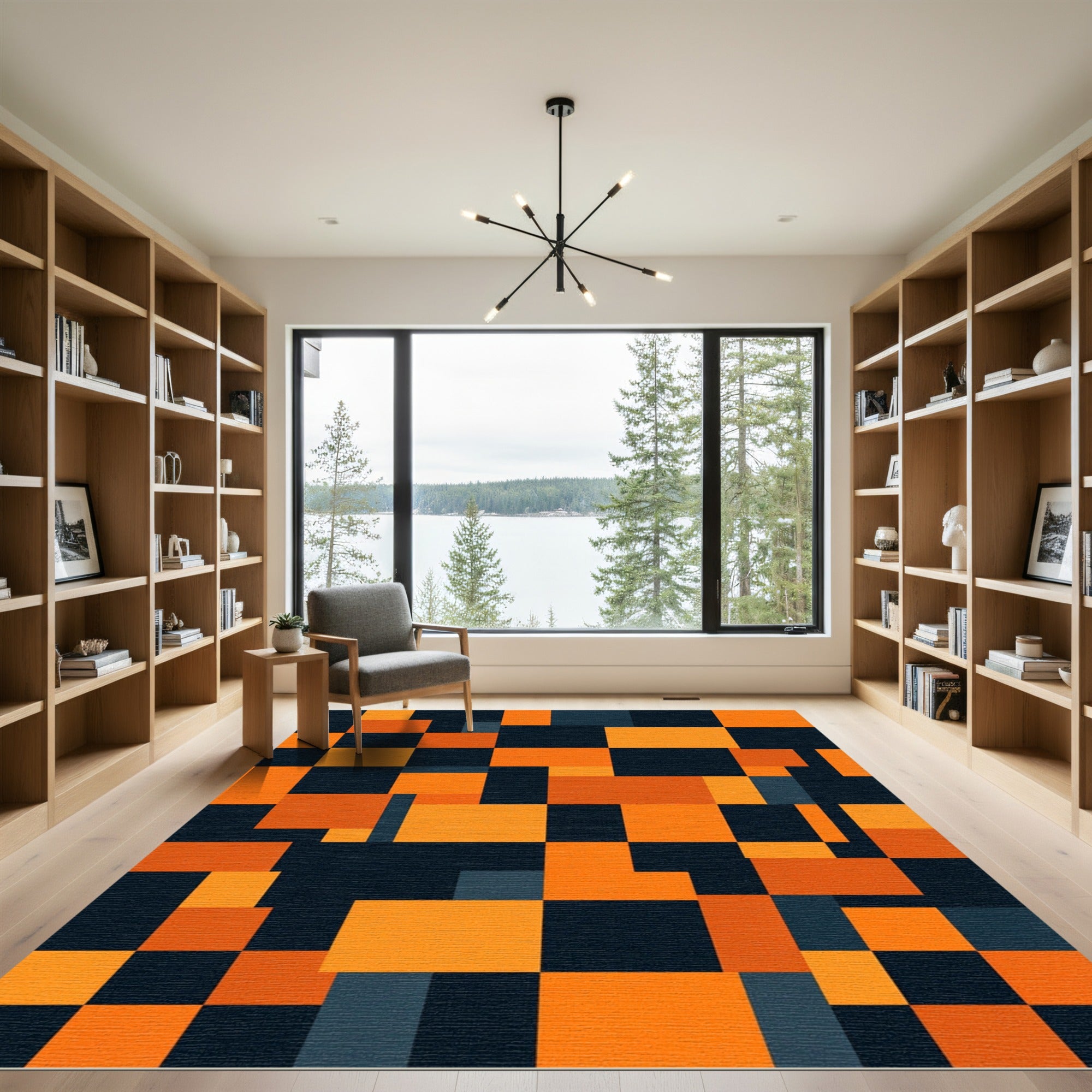 Bold Geometric Orange and Charcoal Block Rug