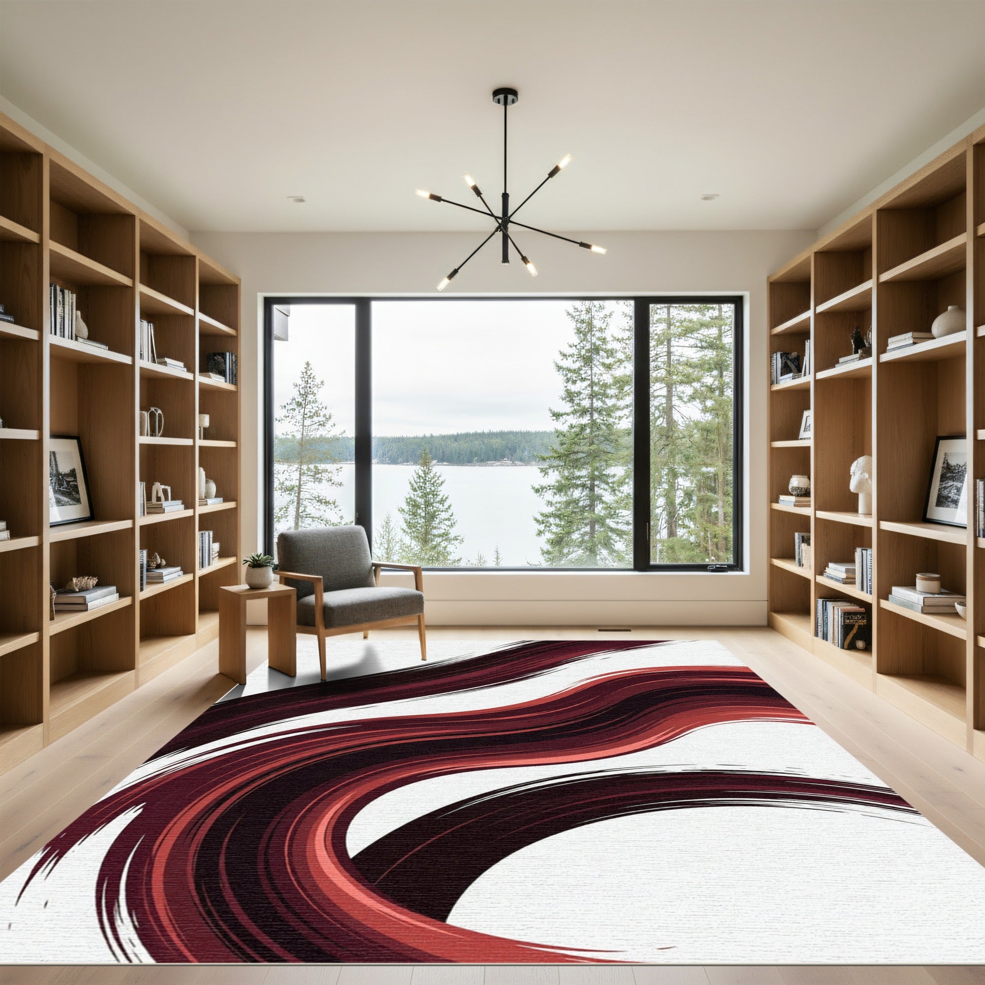 Modern Crimson Abstract Flowing Waves Rug