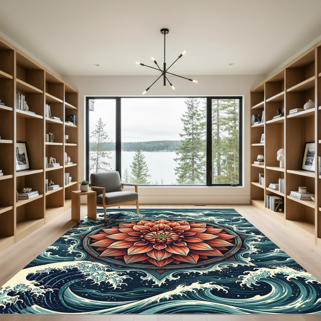 Coral Lotus Flower and Oceanic Wave Rug