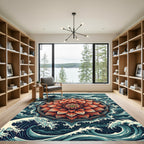 Coral Lotus Flower and Oceanic Wave Rug