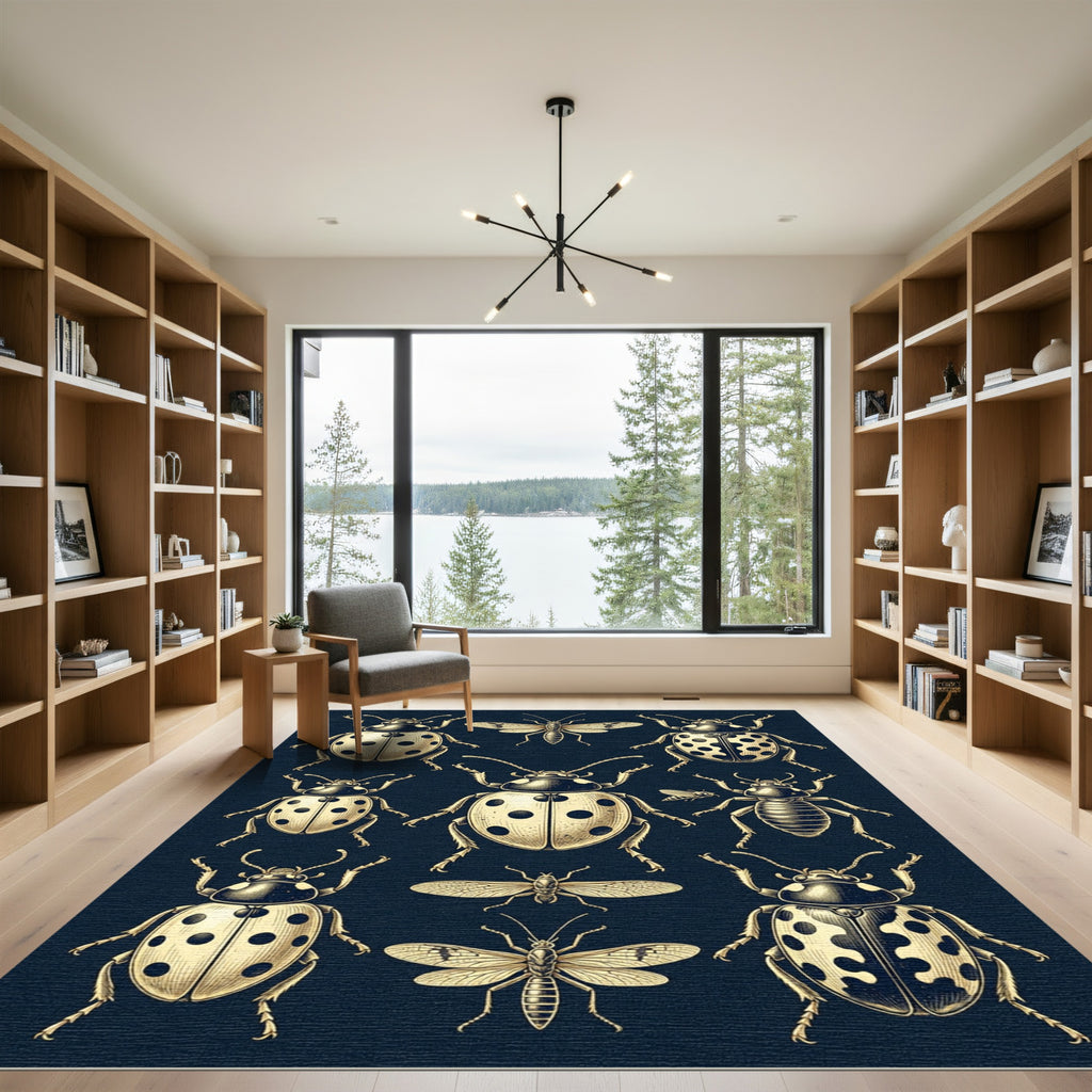 Gold Ladybug Entomological Cream Navy Illustration Rug