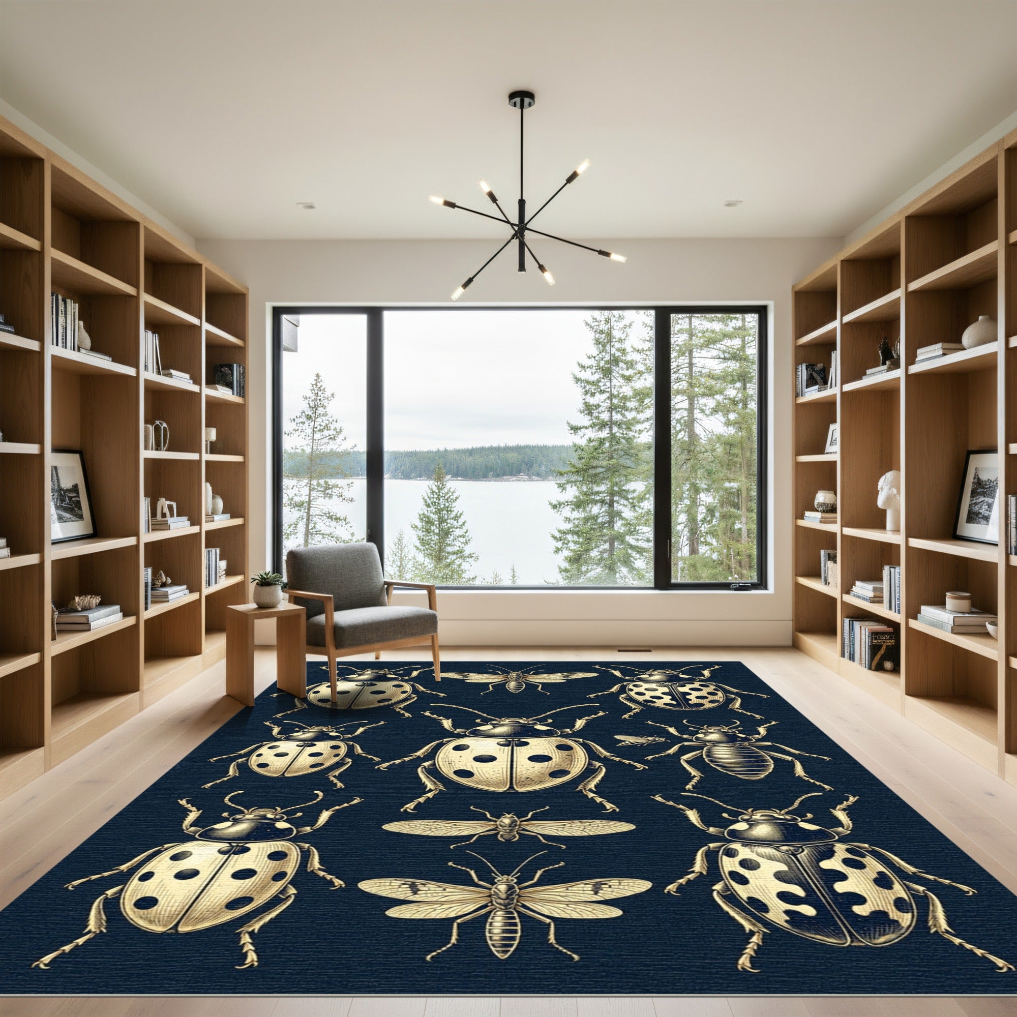 Gold Ladybug Entomological Cream Navy Illustration Rug