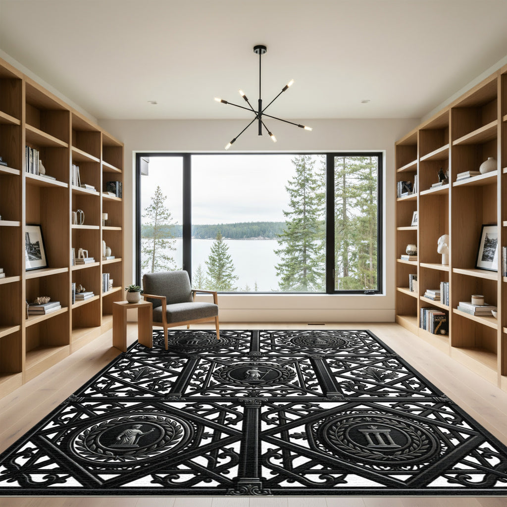 Ornate Black Classical Medallion Wreath Rug