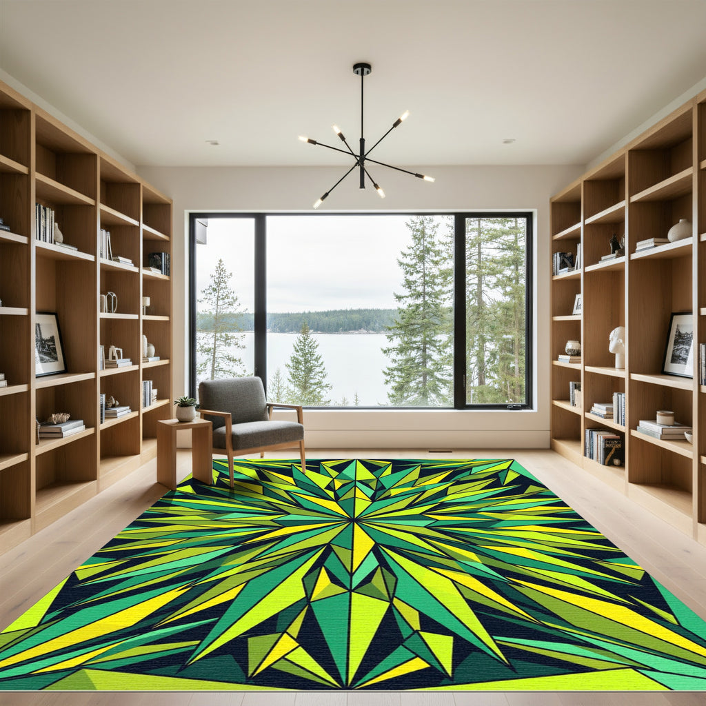 Vibrant Geometric Emerald Lime Starburst Rug