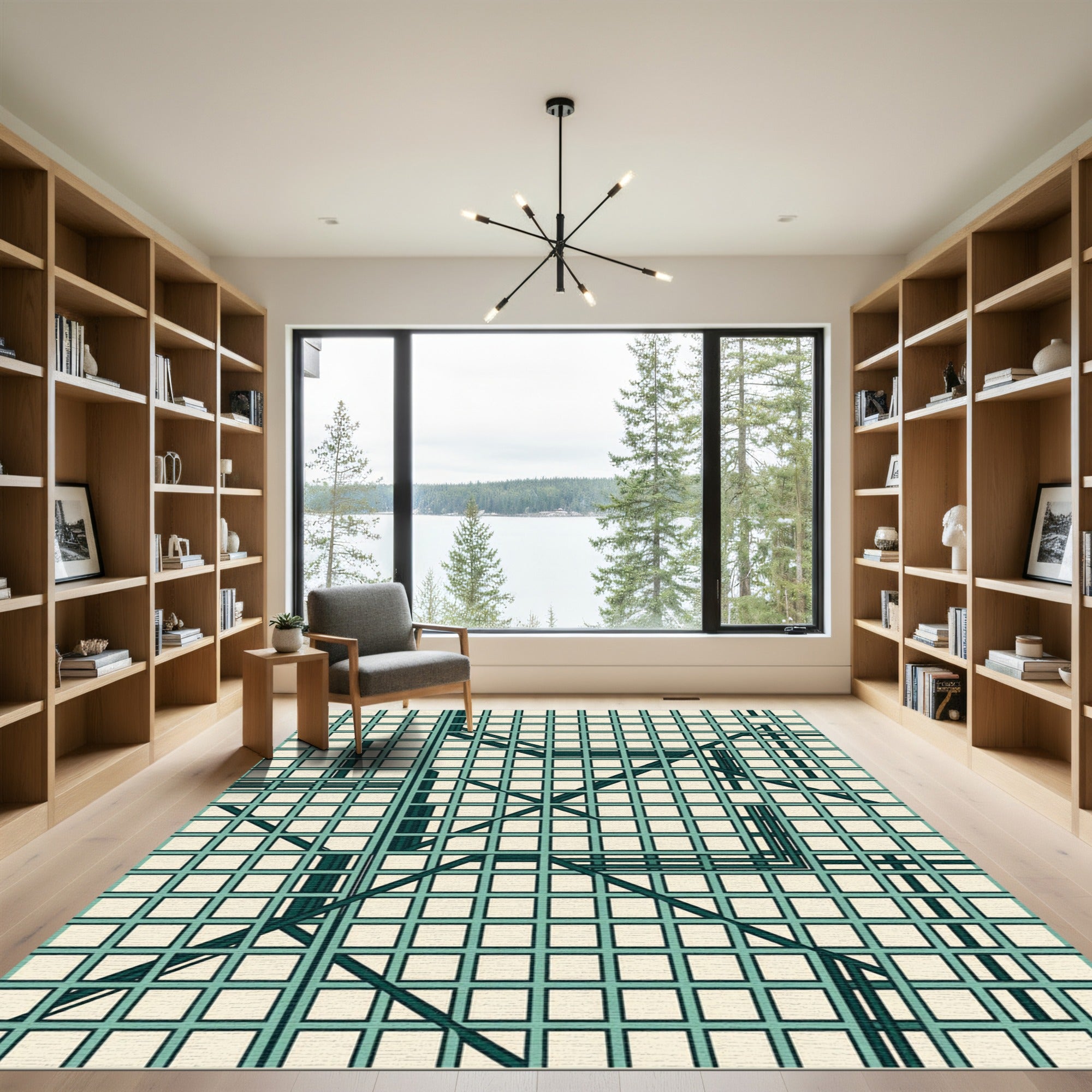 Minimalist Teal Grid Geometric Linear Rug