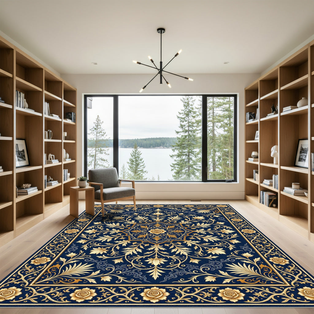 Golden Floral Medallion Navy Foliage Rug