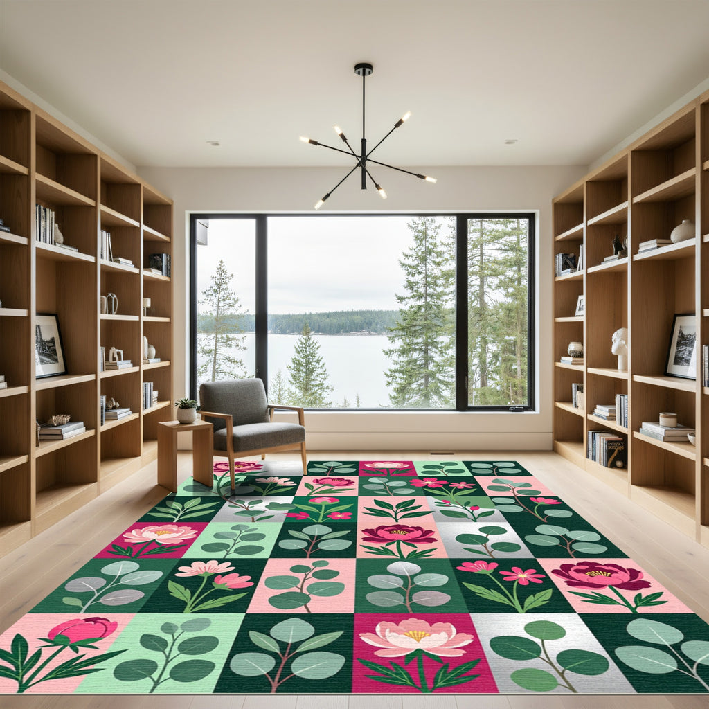 Modern Botanical Grid with Pink Peonies Rug