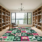 Modern Botanical Grid with Pink Peonies Rug