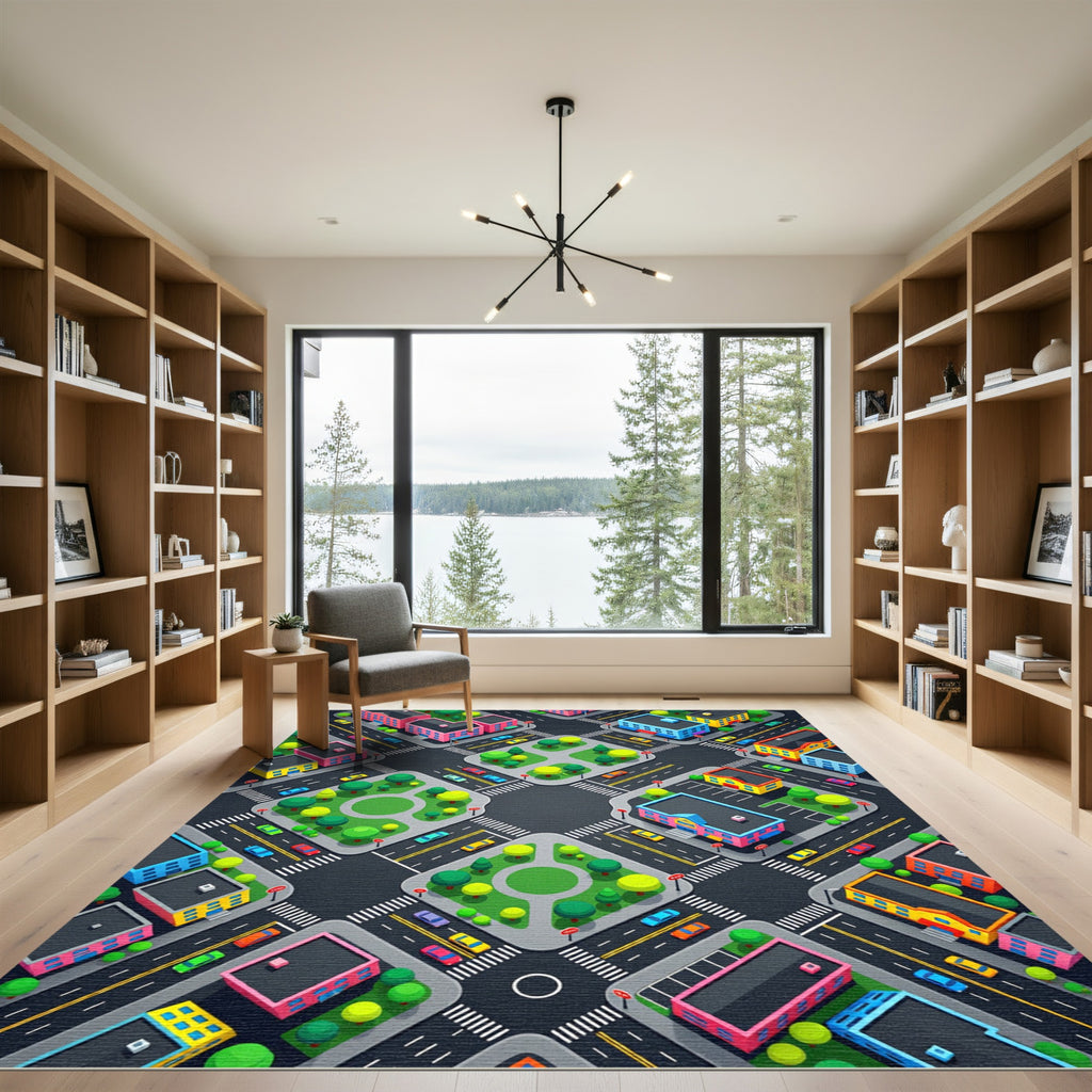 Vibrant Isometric Urban Neighborhood City Map Rug