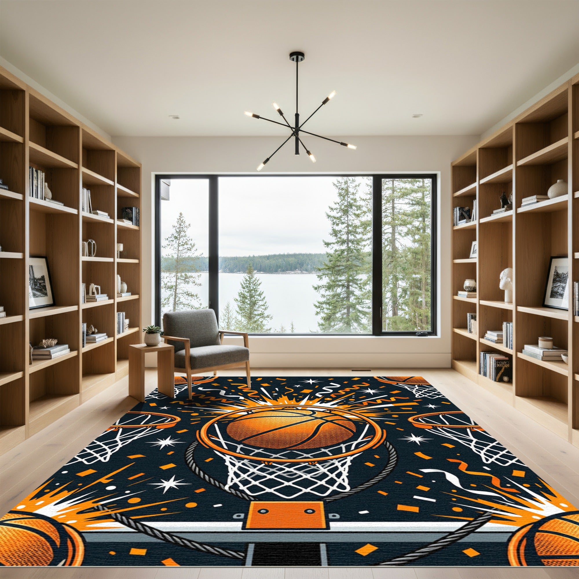 Vibrant Basketball Hoop Burst Celebration Rug