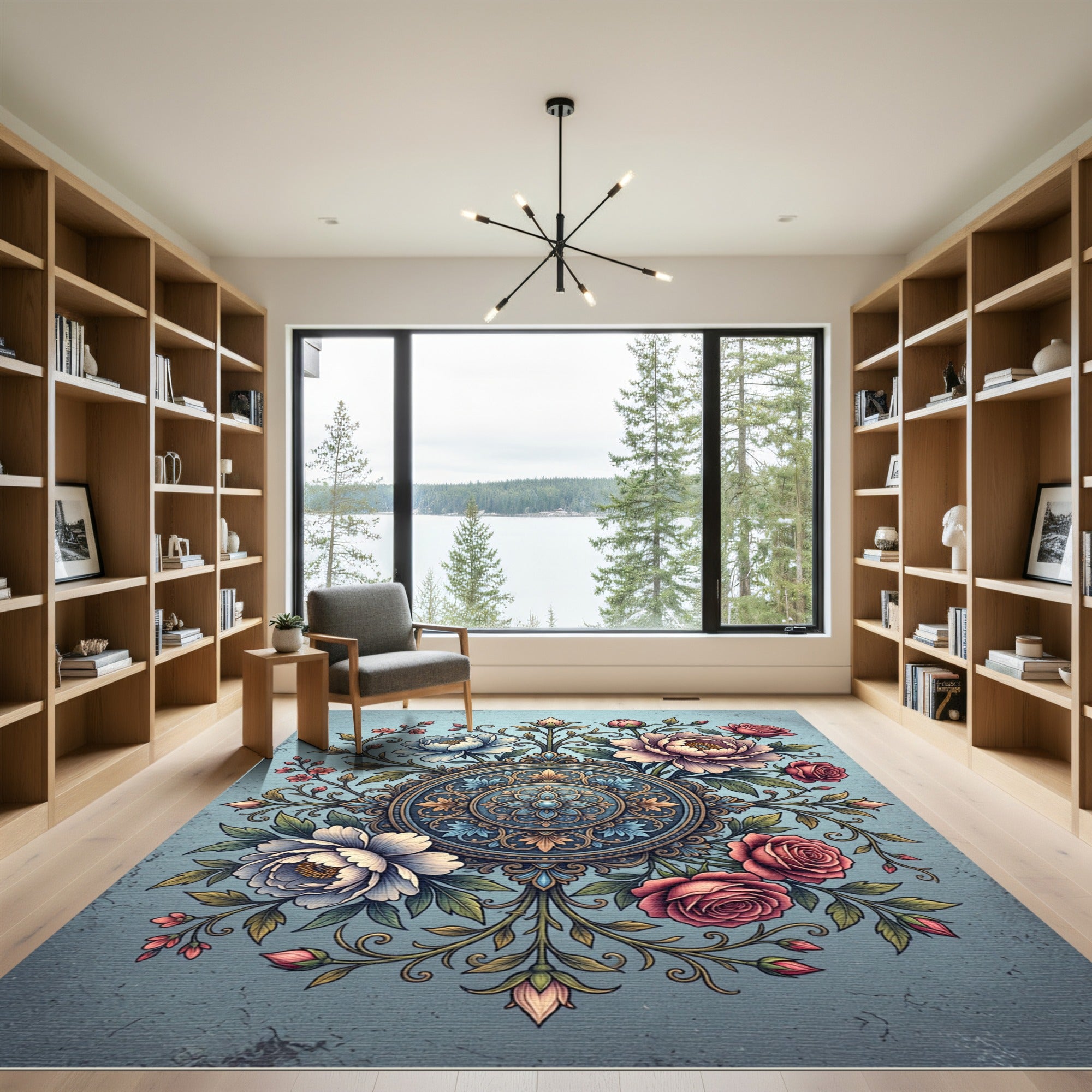 Elegant Blue Floral Medallion Rose Garden Rug