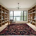 Elegant Crimson Golden Floral Scroll Rug