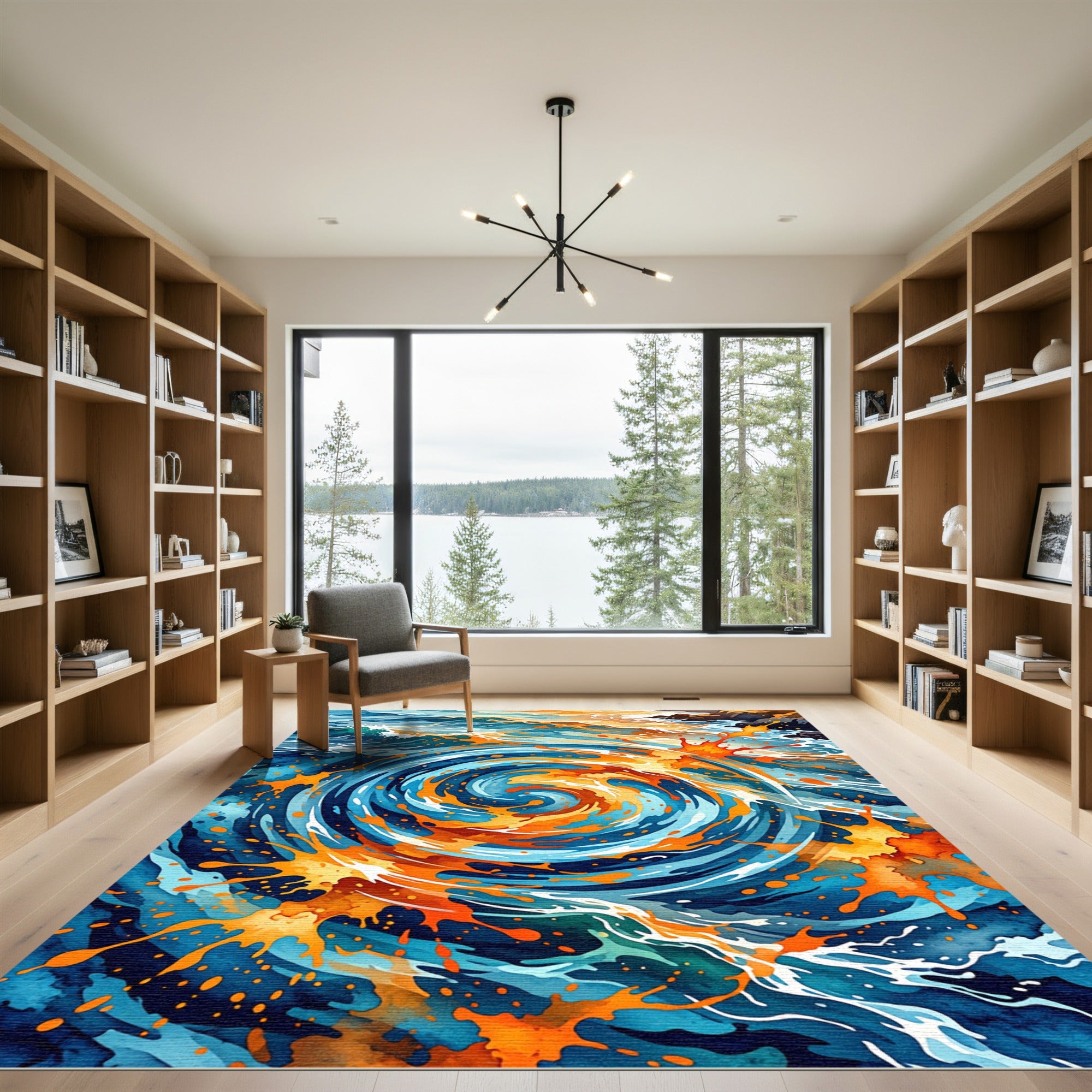 Vibrant Cobalt and Tangerine Swirl Wave Rug