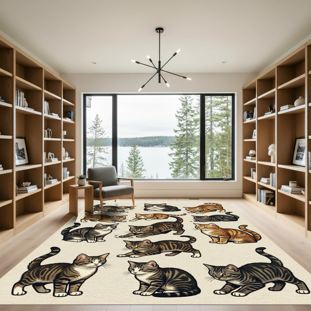 Playful Tabby Cat Illustration Collection Rug