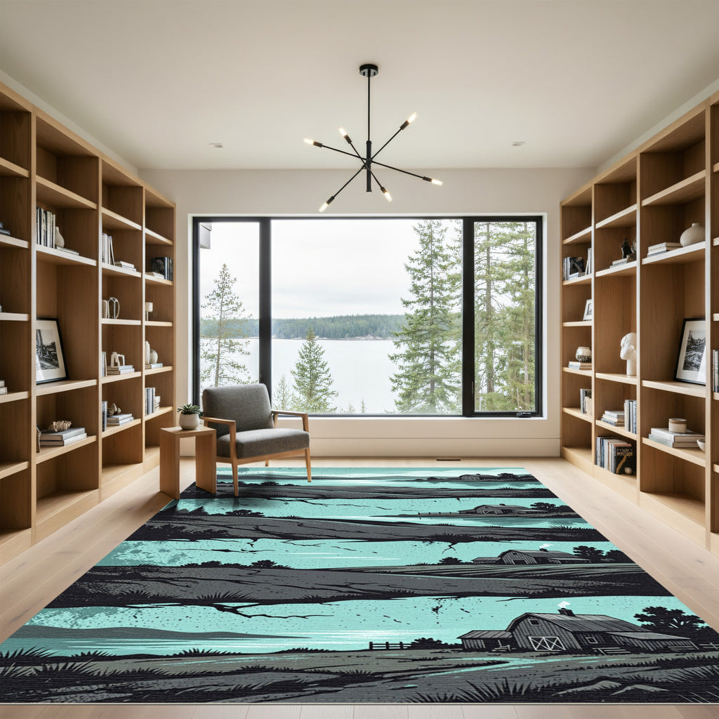 Serene Teal Farmhouse Landscape Scene Rug