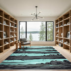 Serene Teal Farmhouse Landscape Scene Rug