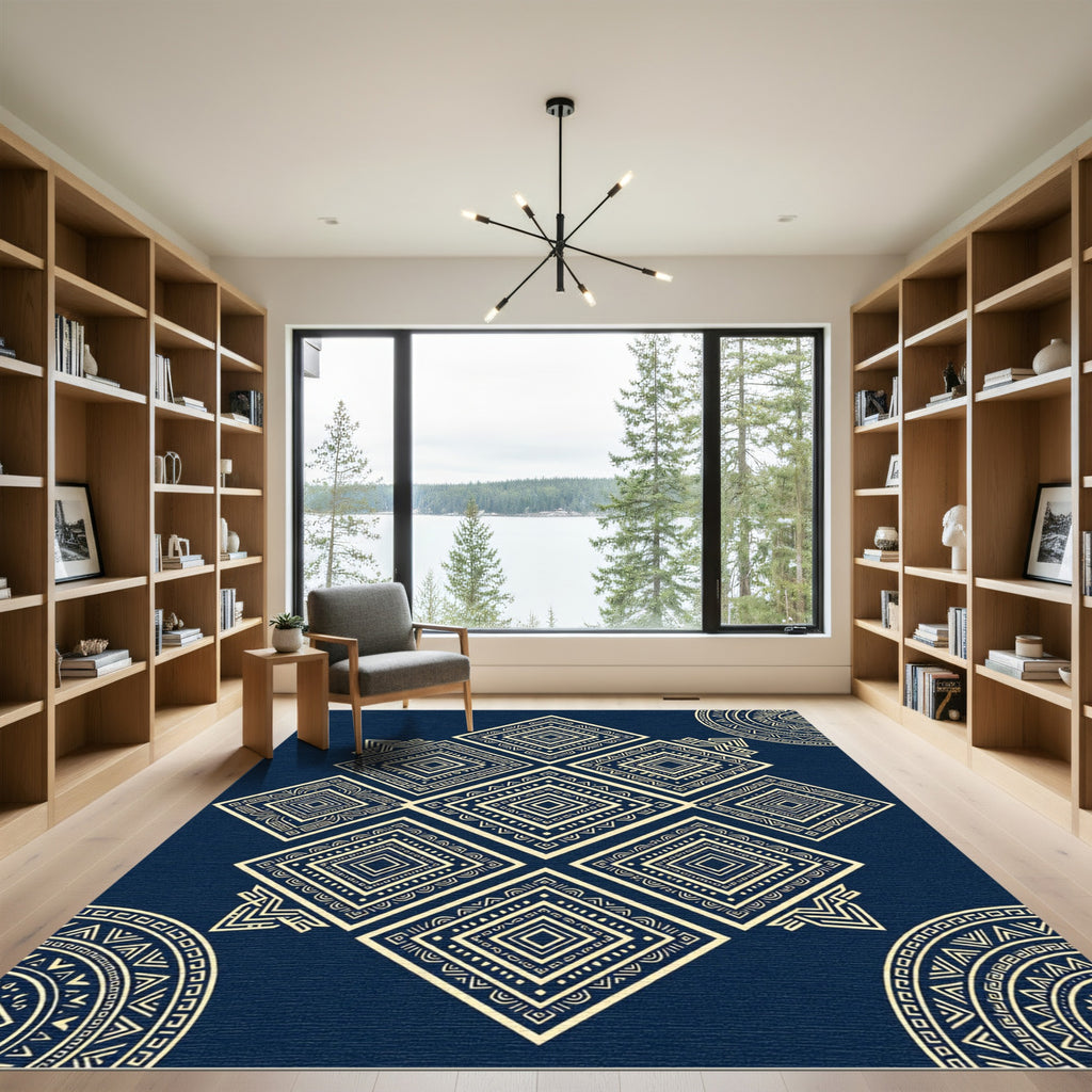 Navy Geometric Golden Diamond Mandala Rug