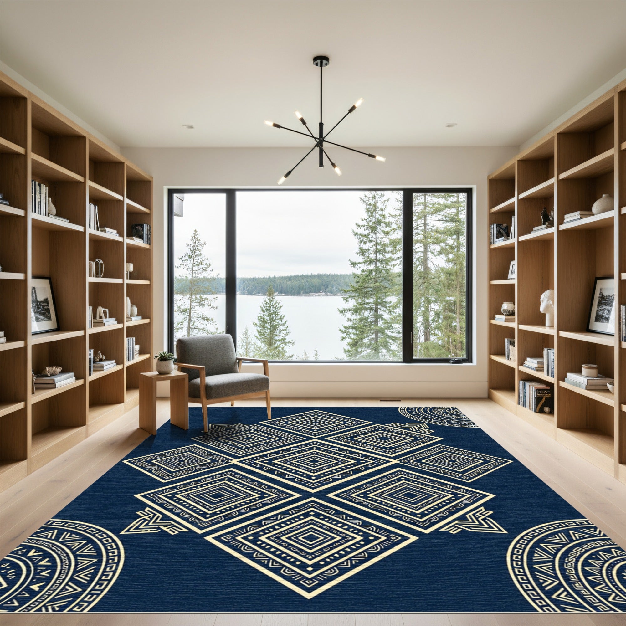 Navy Geometric Golden Diamond Mandala Rug
