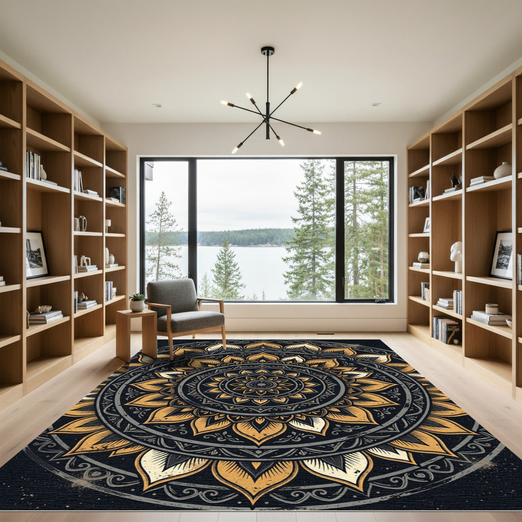 Golden Gilded Floral Medallion Circular Art Rug