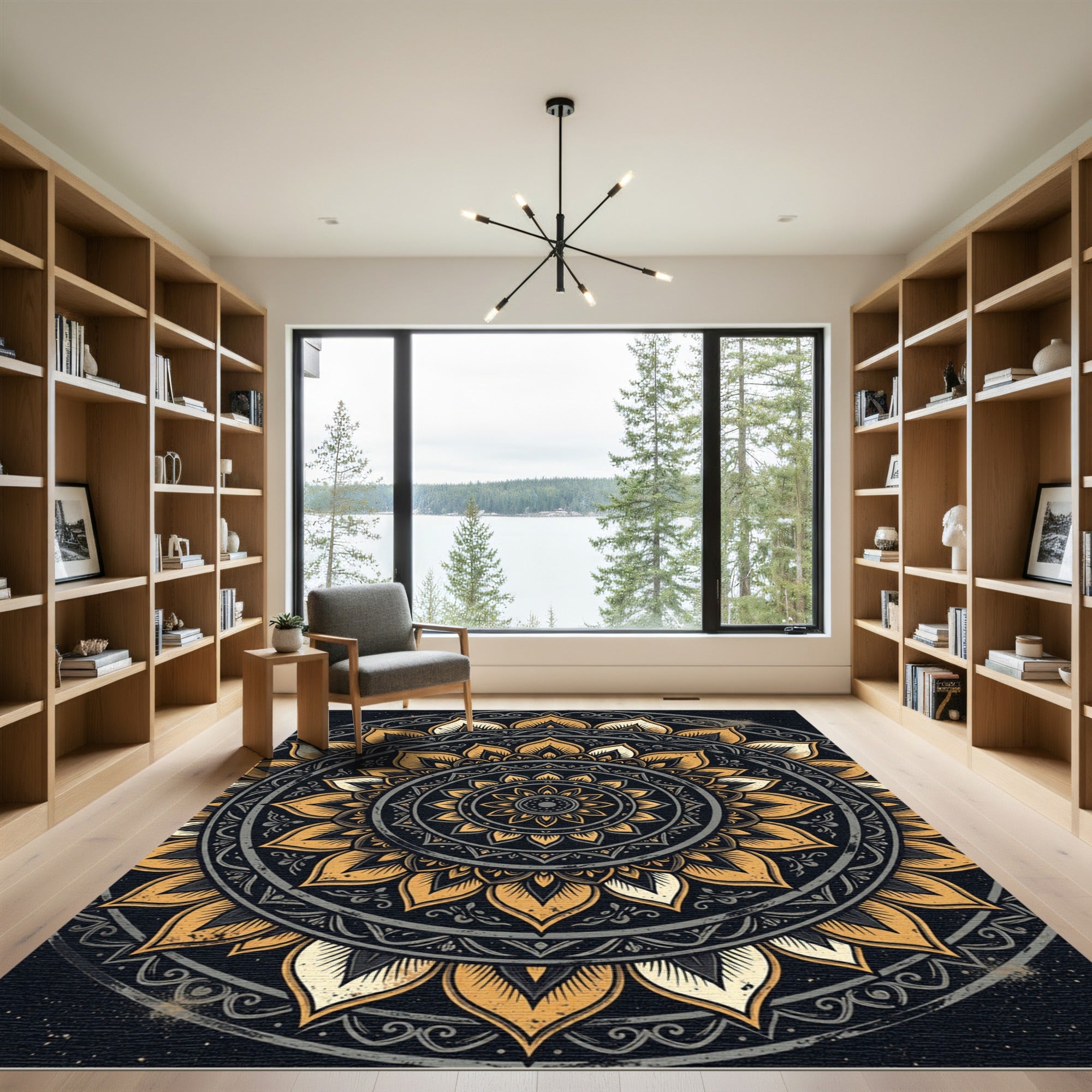 Golden Gilded Floral Medallion Circular Art Rug