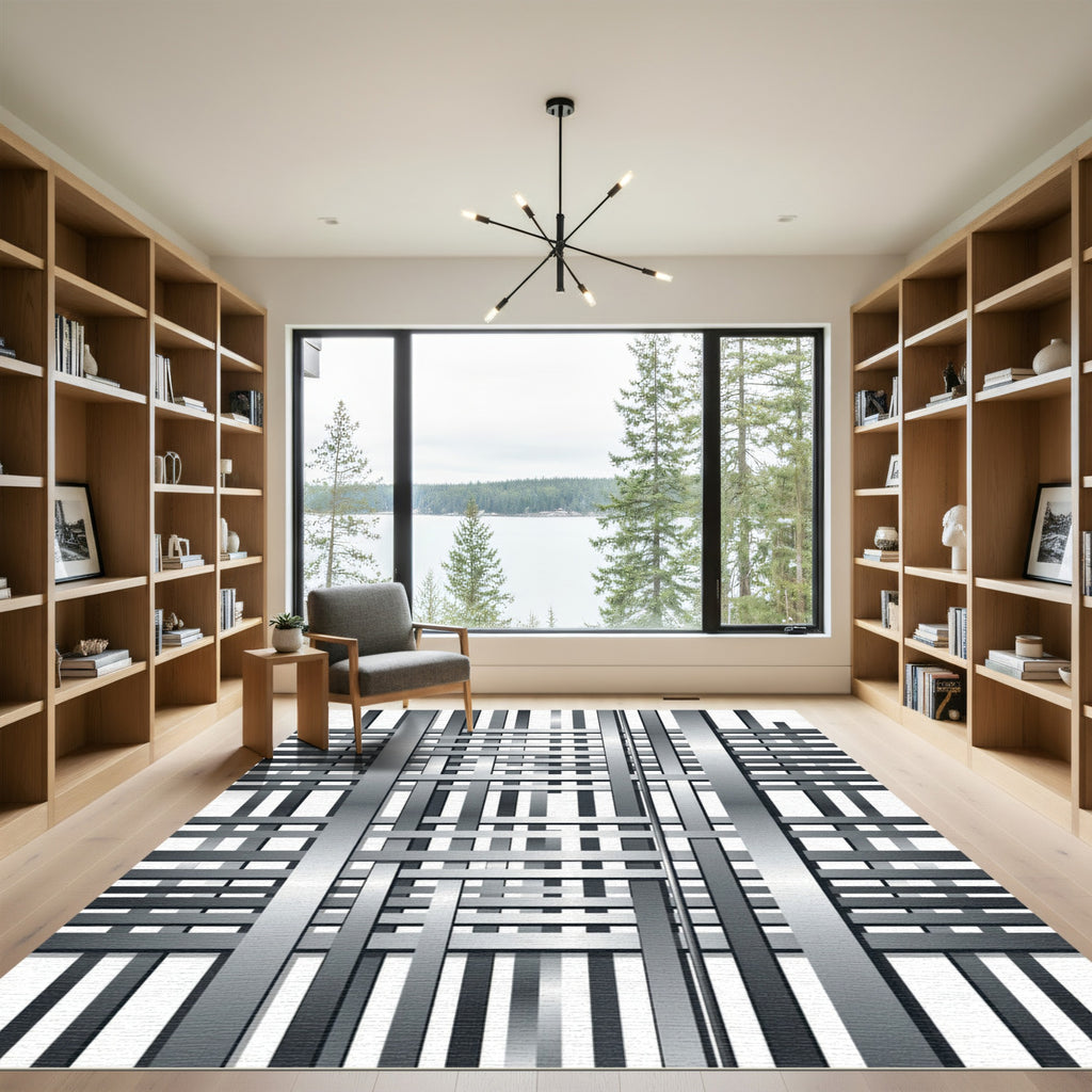 Metallic Silver Geometric Interwoven Grid Rug