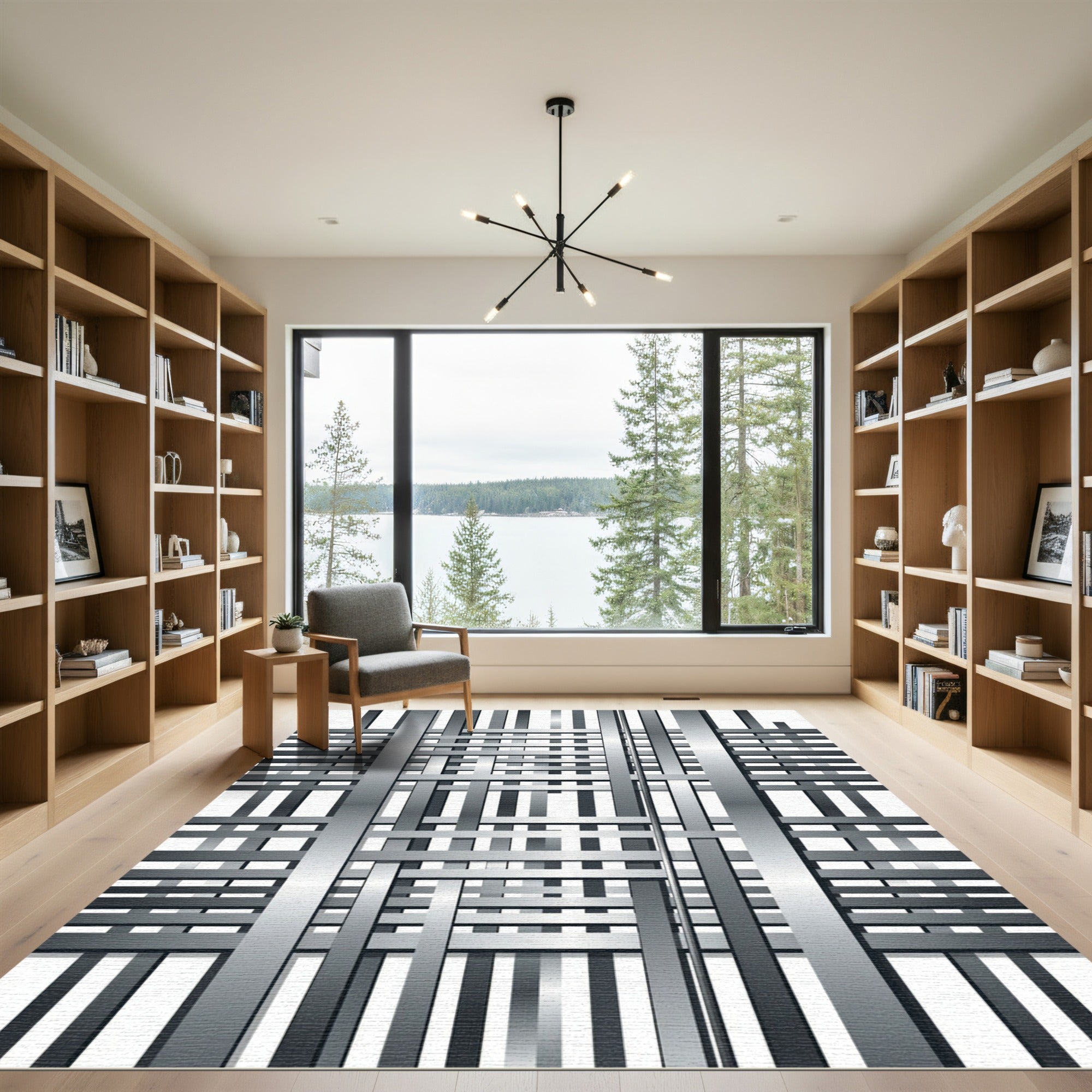 Metallic Silver Geometric Interwoven Grid Rug