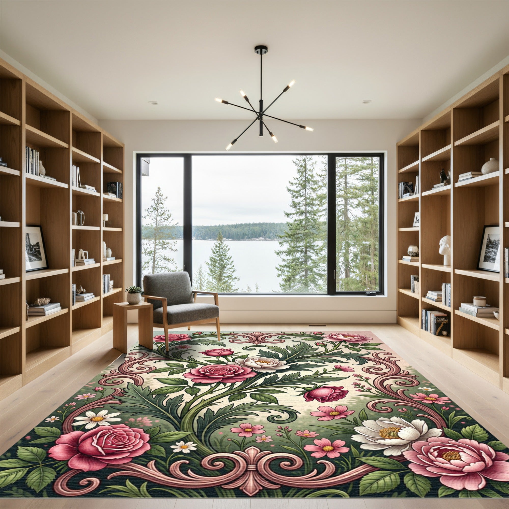 Romantic Blush Rose Floral Scrollwork Rug