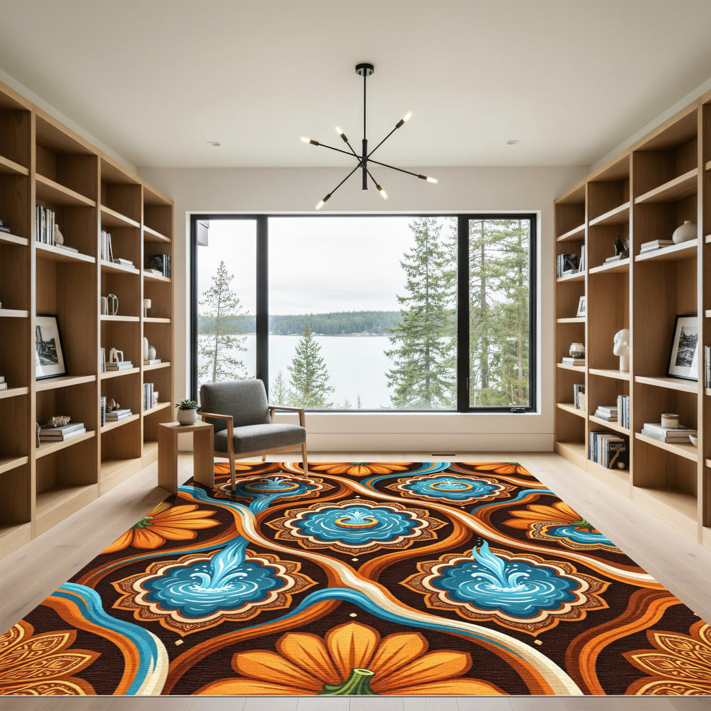 Vibrant Orange Floral Blue Fountain Medallions Rug