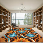 Vibrant Orange Floral Blue Fountain Medallions Rug