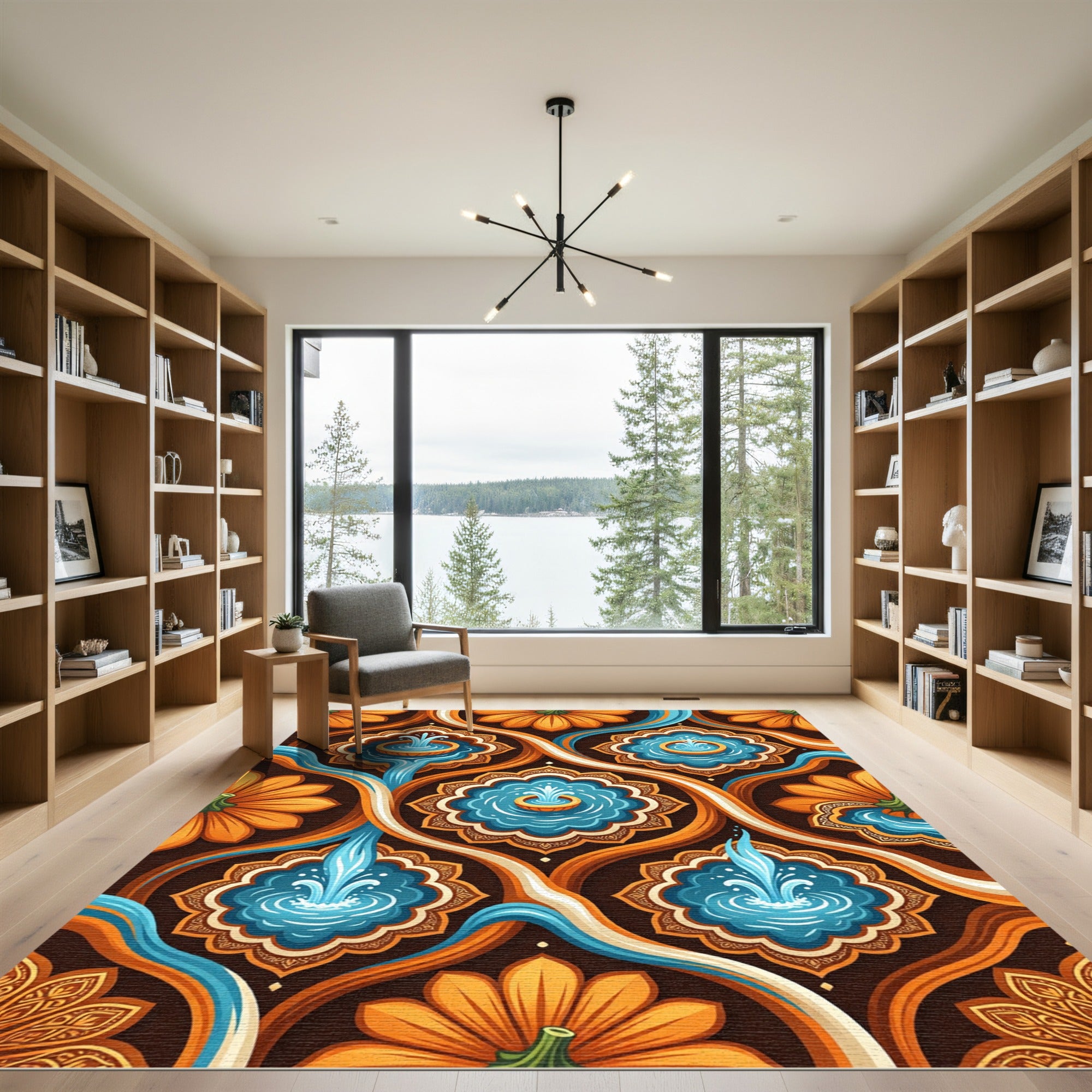 Vibrant Orange Floral Blue Fountain Medallions Rug