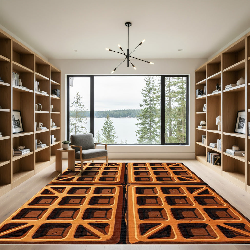 Golden Waffle Grid Geometric Squares Rug