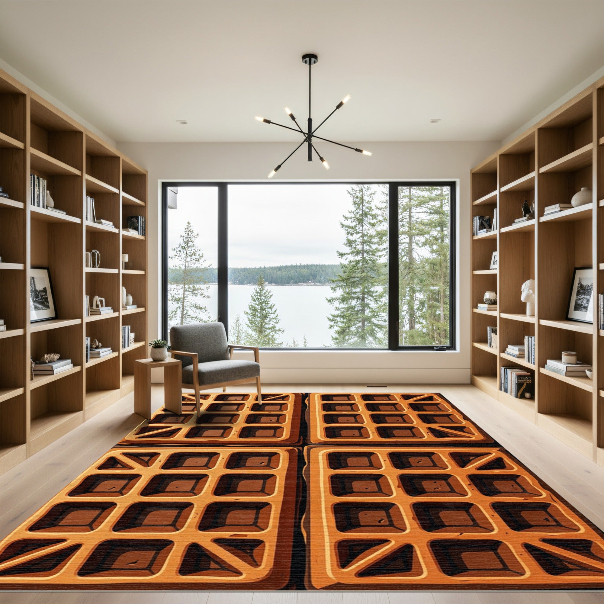 Golden Waffle Grid Geometric Squares Rug