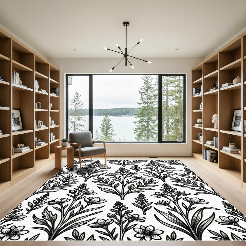 Monochromatic Botanical Ink Illustration Garden Rug