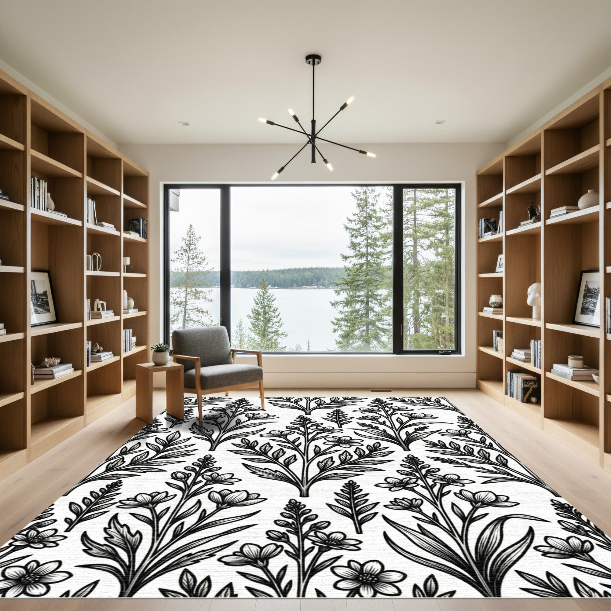 Monochromatic Botanical Ink Illustration Garden Rug
