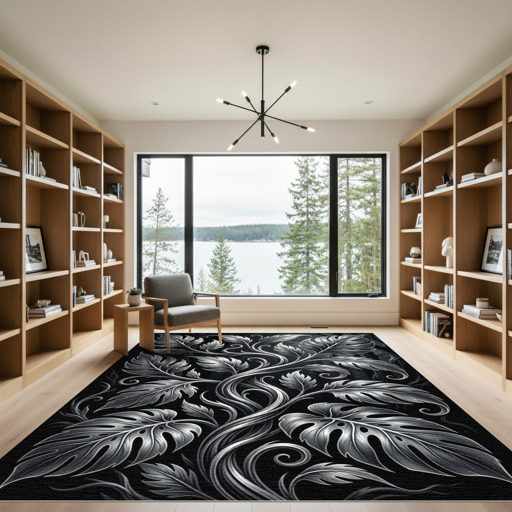 Monochrome Silver Botanical Foliage Swirl Rug