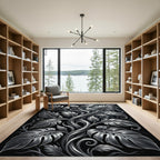 Monochrome Silver Botanical Foliage Swirl Rug