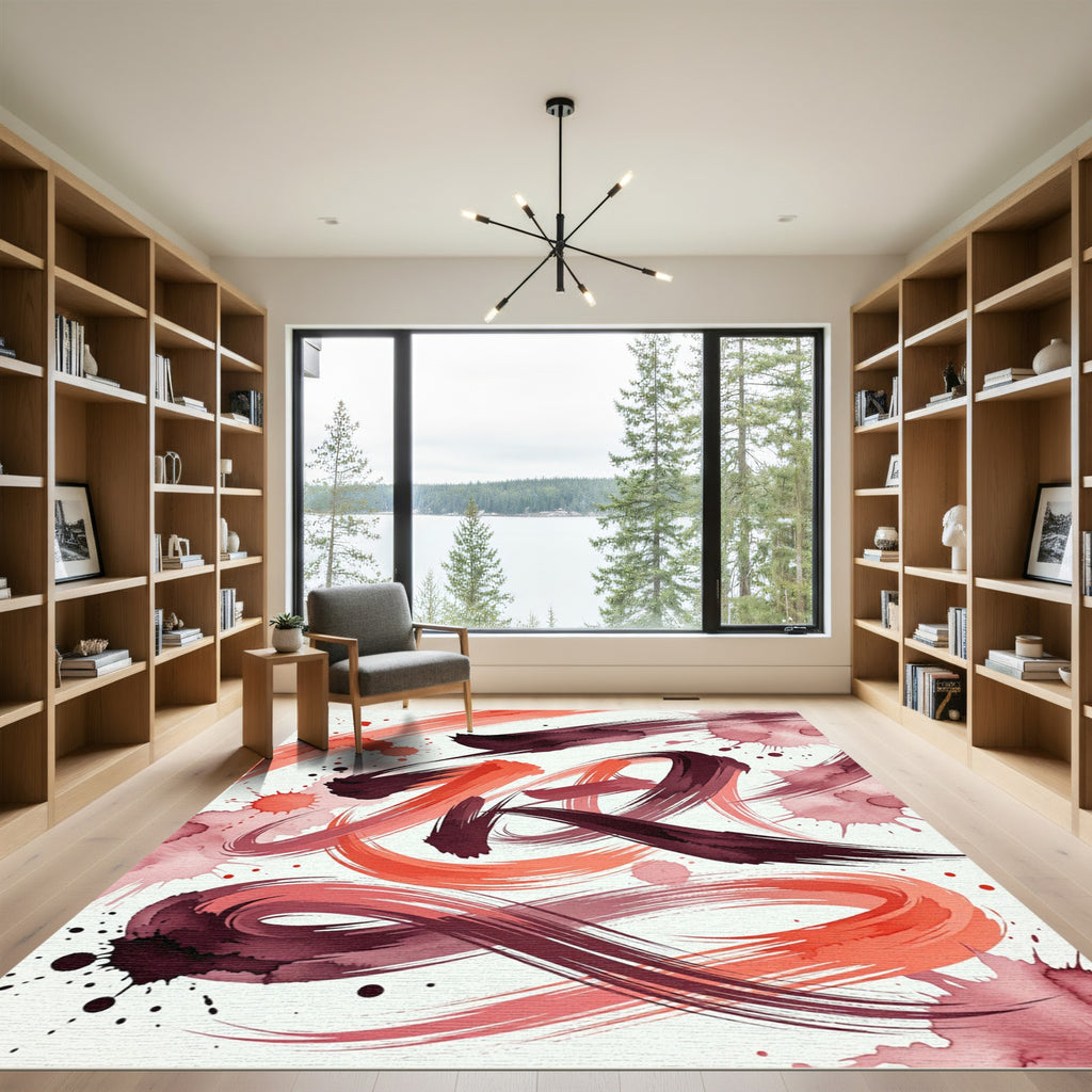 Crimson Coral Brushstroke Abstract Rug