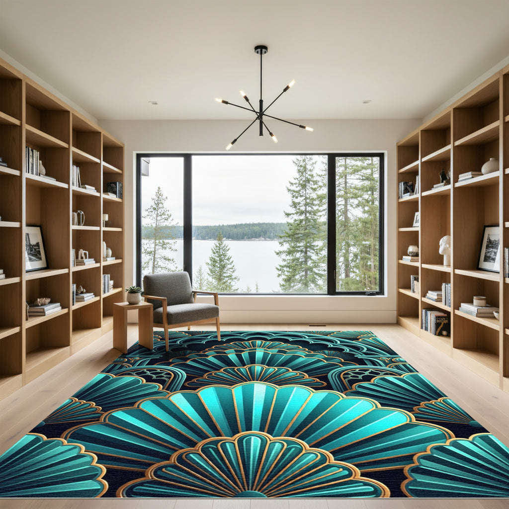 Teal Gold Art Deco Fan Layered Rug