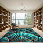 Teal Gold Art Deco Fan Layered Rug