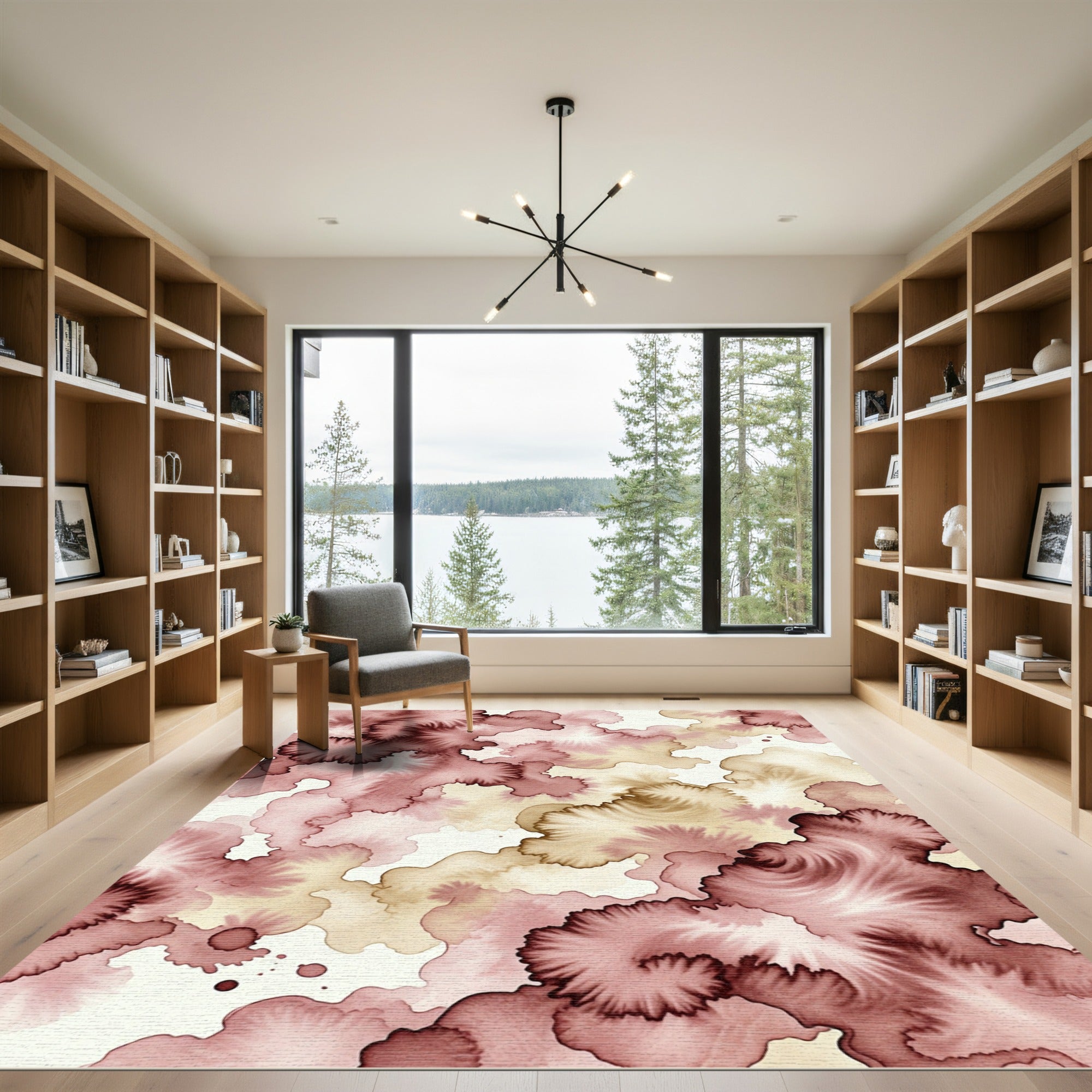 Crimson Mauve Abstract Ink Wash Rug