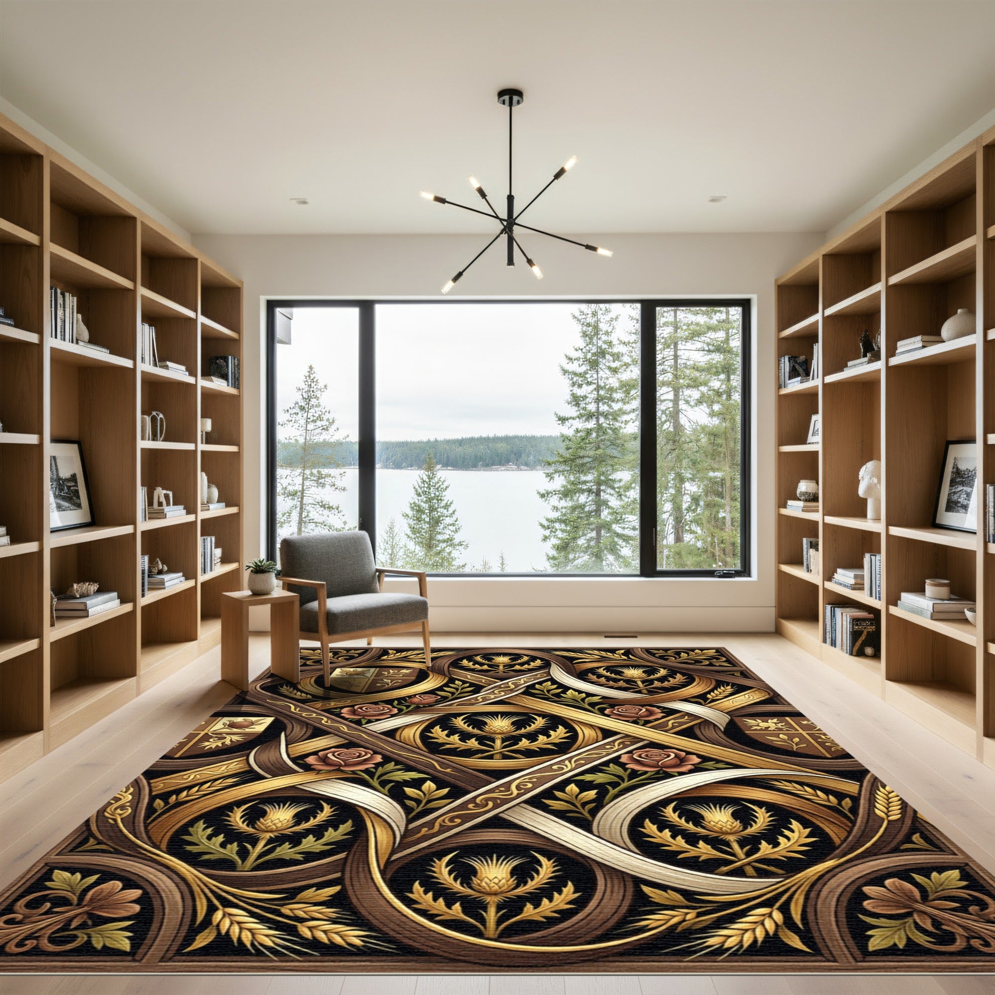 Regal Gold Thistle Rose Shield Scroll Rug