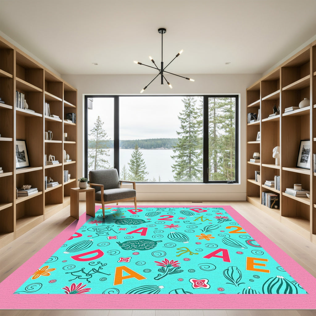 Aqua Alphabet Floral Whimsical Collage Rug