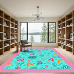 Aqua Alphabet Floral Whimsical Collage Rug
