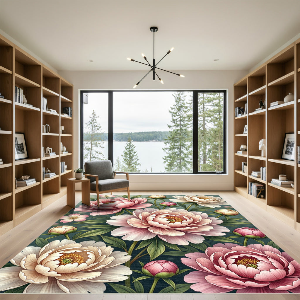 Soft Pink Ivory Peony Garden Blossoms Rug