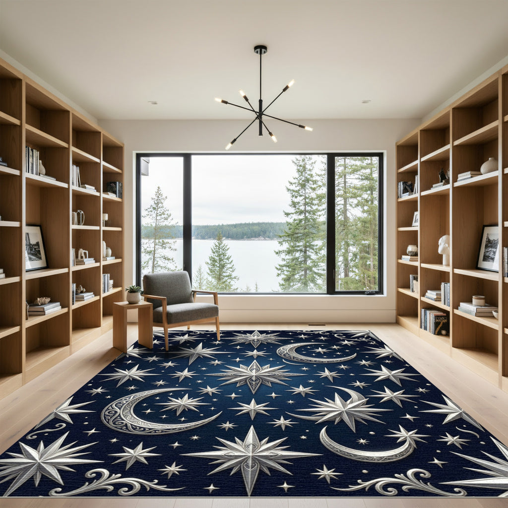 Celestial Silver Crescent and Star Night Rug