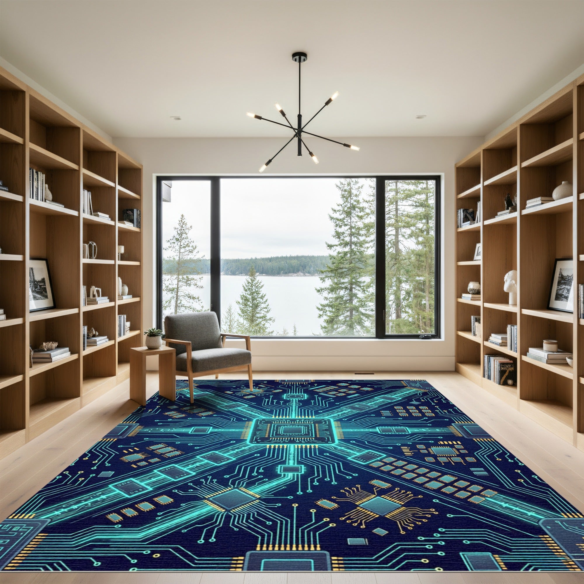 Luminous Neon Cybernetic Circuit Grid Rug