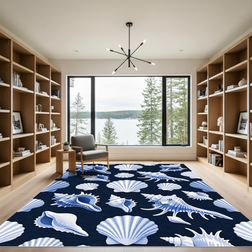 Deep Blue White Seashell Collection Rug