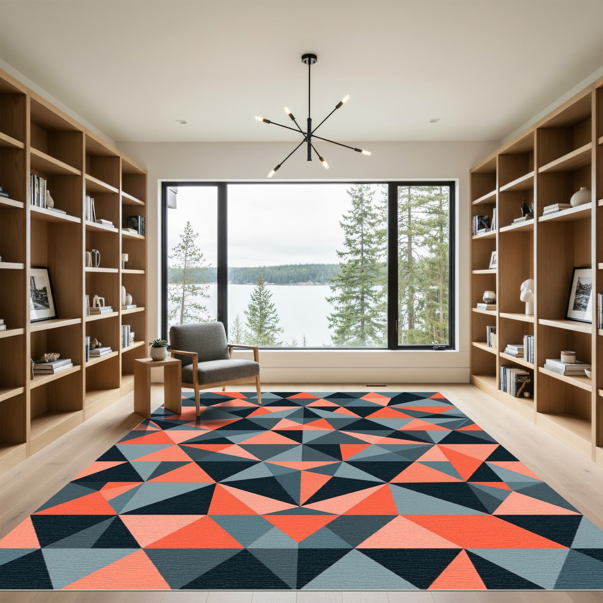 Modern Coral Gray Geometric Triangle Composition Rug