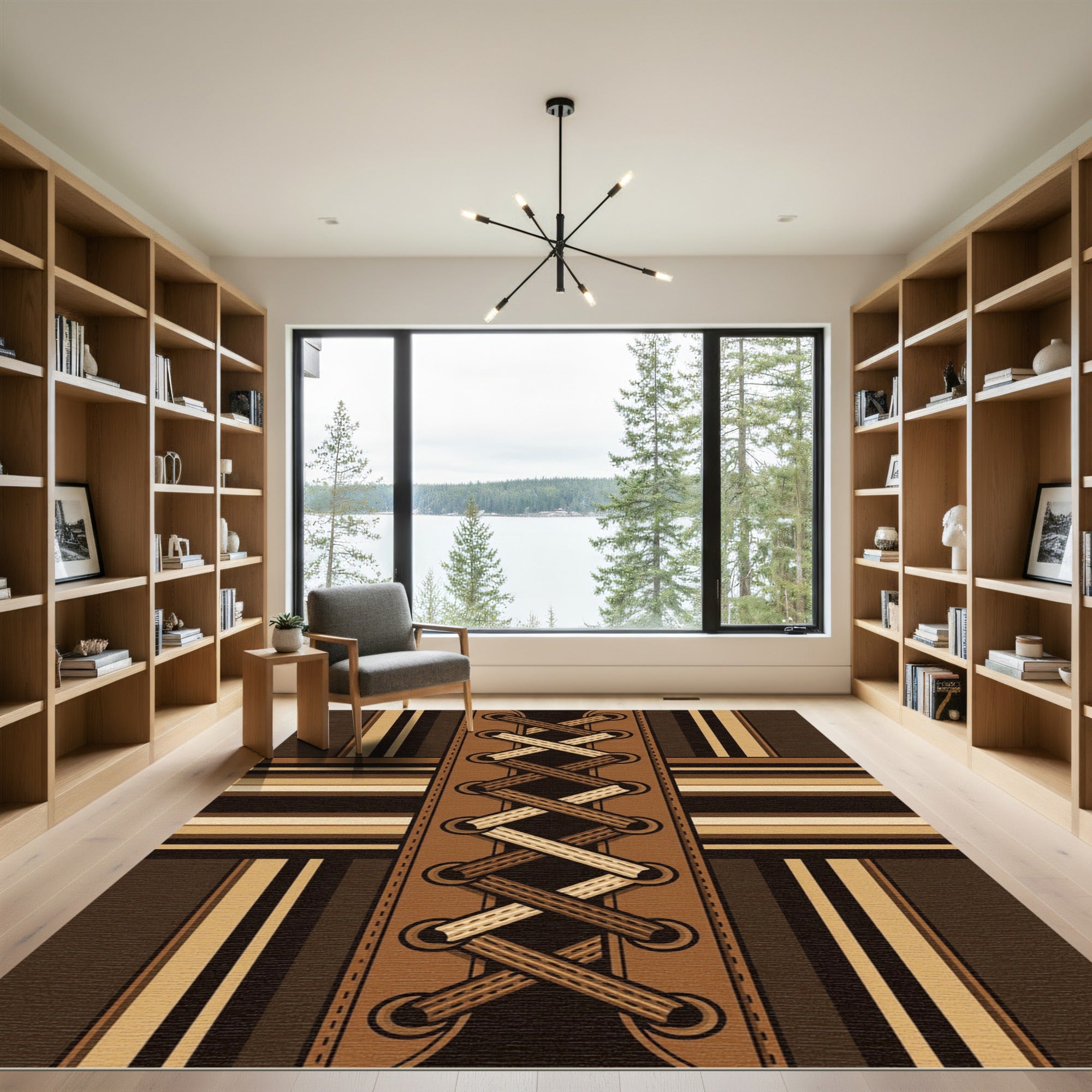 Brown Leather Lace Geometric Linear Grid Rug